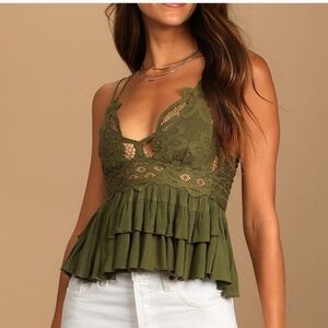 NEW Free People Adella Cami Crochet Lace Top V Neck Olive Sparrow Green